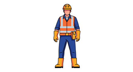Fototapeta premium A confident male construction worker stands ready, wearing a hard hat and high-visibility vest, depicted in a clean, modern flat vector illustration.