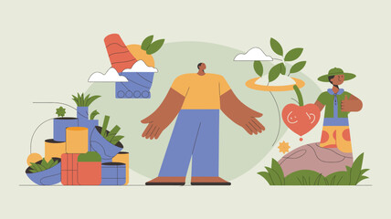 Diverse individuals share abundance of fresh produce and healthy living.