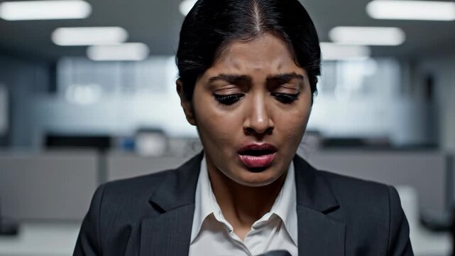 Woman Removes Tape From Her Mouth in Office Environment