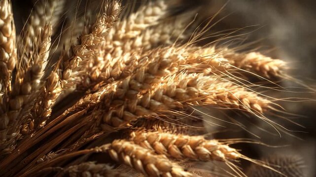 Golden wheat stalks bundle together, showcasing the beauty of harvested grain. The golden wheat captures light beautifully, emphasizing the significance of agricultural yield.