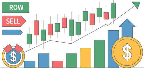 Stock market charts show upward trends with buy and sell indicators.