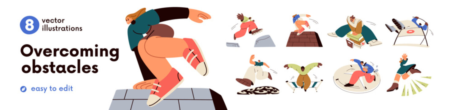 People jumping over risks, dangers, overcoming obstacles set. Abstract concepts of life and business challenges on way to goal, success. Flat vector illustrations set isolated on white background