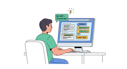 A focused individual codes on a desktop computer, utilizing online resources to find solutions and develop software, depicted in a modern vector illustration.