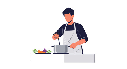 A man wearing an apron is diligently preparing a healthy meal, stirring a pot on the stove in a clean, modern kitchen setting.