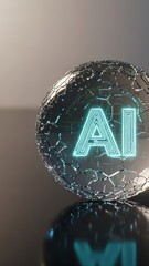 Cracked AI sphere like shattered shell on reflective surface, collapse signal