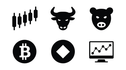 A collection of financial market icons including a stock chart, bull, bear, Bitcoin, and a computer monitor.