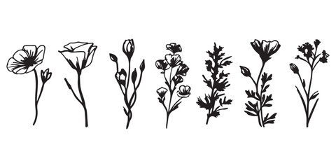 Simple wildflower clip art in a vintage style, featuring simple shapes and minimalist designs on a white background. Presented in a monochrome color scheme, this clip art set is suitable for use as ve