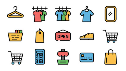 A collection of colorful retail and shopping icons represents various aspects of commerce.