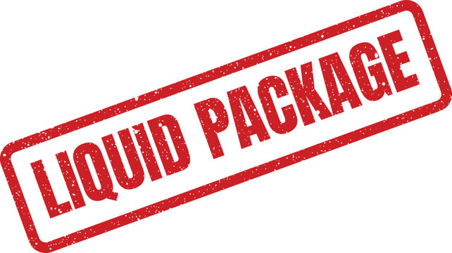 Distressed rectangular rubber stamp presenting Liquid Package, indicating flexible product bundles, financial investment plans, or adaptable logistics solutions