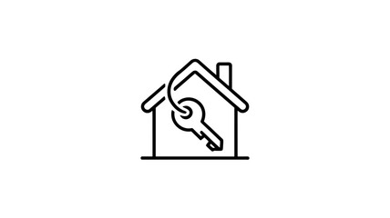 A simple line icon of a house with a key hanging from its roof.