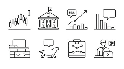Financial market icons depict trading, banking, and analysis.