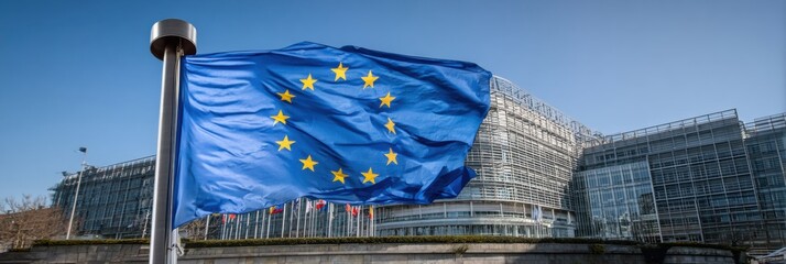 EU Flag Waving Proudly Against Modern Parliament Building on a Sunny Day