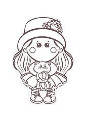 Cute Girl holding little cat – Kids Coloring Page Line Art Illustration. Sweet kawaii character, simple line art illustration for kids. Cute kids Clipart perfect for children’s books, coloring pages
