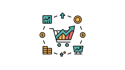 Shopping cart graphic with rising graph and coins illustrates business growth and profit.