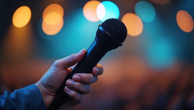 Hand holds black microphone on illuminated stage background with blurred audience bokeh lights. Speaker prepares to talk, share message, or perform at night event. Public speaking engagement. - Powered by Adobe