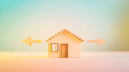 A simple geometric small wooden house and two arrors opposite side, soft pastel background. Symbolic composition suitable for legal or mediation visuals in real estate and division of property.