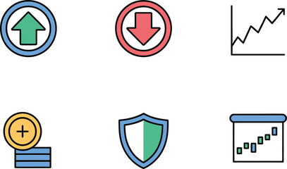 A collection of financial and business-related icons including arrows, charts, and money symbols.