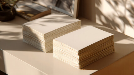 A minimalist flatlay of two neatly separated stacks of documents on the table, modern legal aesthetic. Splitting documents concept.