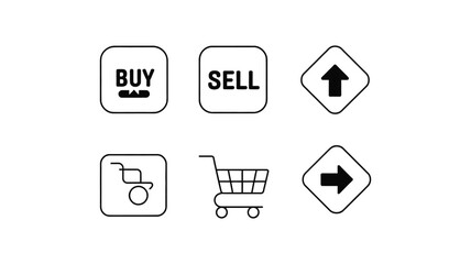 Icons for buying, selling, and navigation are arranged in a grid with a shopping cart and wheelchair.