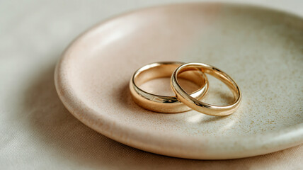 Two golden wedding rings on a light ceramic plate, airy neutral glow. Minimalist still life