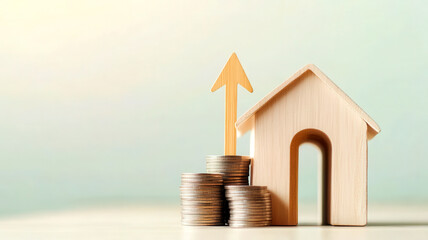A simple line-art a pil of coins, small wooden house and arrow showing up, pastel background. Symbolic composition for legal or mediation visuals in real estate and rising housing prices . Copy space