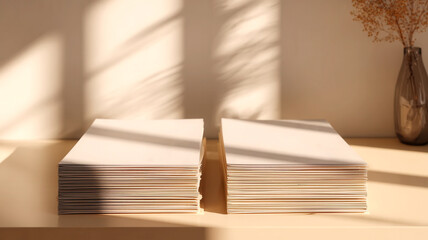 A minimalist flatlay of two neatly separated stacks of documents on the table, modern legal aesthetic. Splitting documents concept.