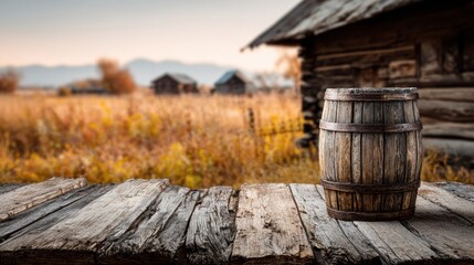 Rustic Wooden Barrel Placed on Weathered Surface Near Old Barn in Warm Countryside Setting at Sunset