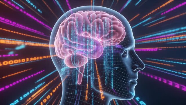 Digital Human Brain Wireframe Neural Activity Data Flow Technology