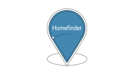 A blue location pin with the word 'Homefinder' inside is displayed on a white background.