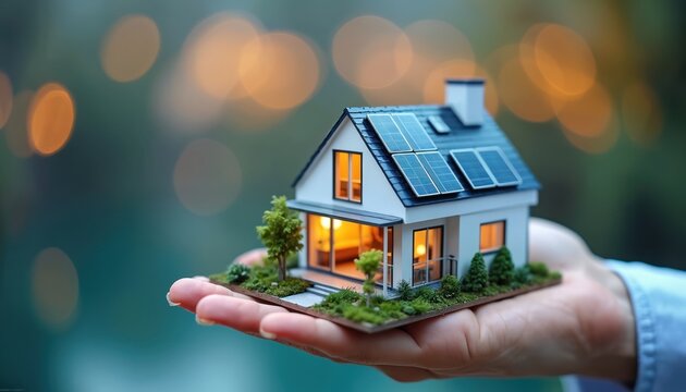 Human hand holds small house model. Tiny home solar panels on roof. Shows eco energy, green tech, real estate investment for future. Concept of modern sustainable housing, property, clean power. - Powered by Adobe