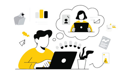 Minimalist illustration of a person actively engaged in using a digital device with clean lines and vibrant colors