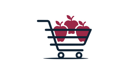A shopping cart filled with three ripe red apples on a white background.