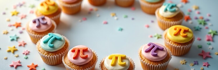 Colorful cupcakes with pi symbols and star sprinkles. Celebrate math learning with sweet baked treats. Fun educational desserts for parties and school events.