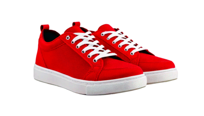 Pair of red low top sneakers, with white laces and white soles isolated on a white or transp.png
