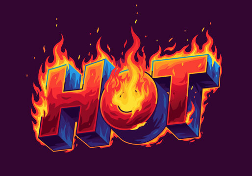 Fiery HOT Text Illustration with Cartoon Fireball, Bold Typography