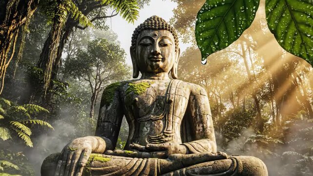 Buddha Statue in Jungle Meditates at Sunrise
