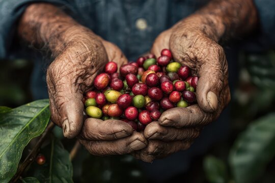 Hands Overflowing with Freshly Harvested Coffee Berries: A Glimpse of Coffee Cultivation in Colombia, Brazil, and Vietnam
