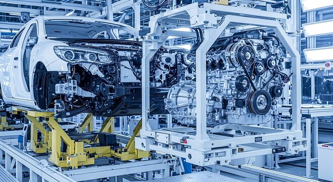 Automotive Assembly Line with Car Chassis and Engine Block in a Modern Factory.