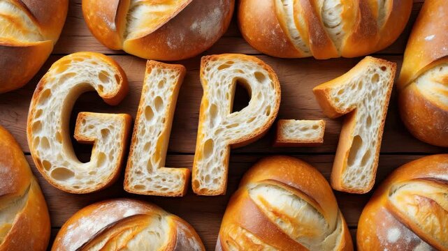 Glp 1 letters formed from sliced bread loaves on wooden table, creative carbohydrate typography, bakery nutrition message, diet concept for glucose control