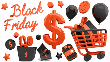 A black friday themed image featuring a shopping cart, dollar signs, balloons, and gift boxes design
