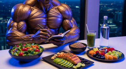 Fototapeta premium Proper nutrition for muscle gain, a statue of an athlete at a table with a variety of healthy dishes for a bodybuilder.