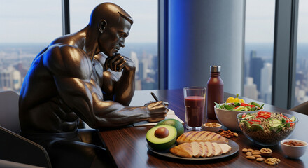 Proper nutrition for muscle gain, a statue of an athlete at a table with a variety of healthy dishes for a bodybuilder.