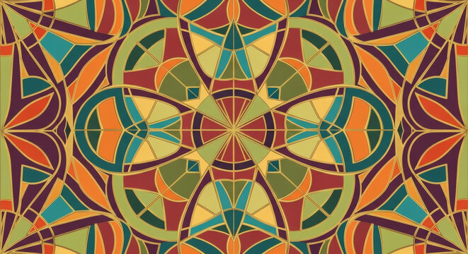 Colorful geometric pattern with gold lines and symmetrical design