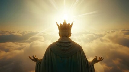 Crowned king statue above clouds, backlit figure with open arms toward radiant sun, celestial atmosphere with sunburst rays, light piercing cloudscape, elevated view, sacred monument in sky