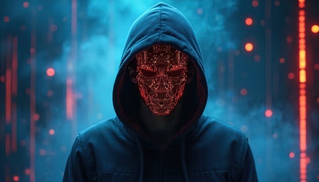 Person in hoodie wears cybernetic skull mask, lit by red digital circuits. Anonymous cybercriminal operates in dark abstract data space. Online danger threatens privacy and information security.