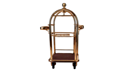 Polished brass hotel luggage cart with a brown deck and black wheels, isolated on a transpar.png