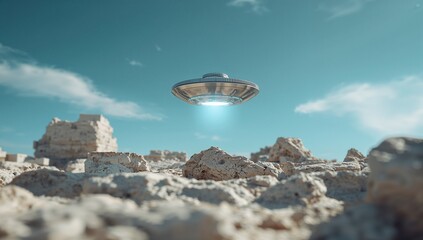 Futuristic UFO Hovering Above Rocky Terrain Under Clear Sky