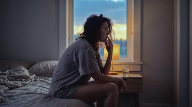 Depressed young woman sitting on the edge of the bed at night. Sad female suffering from insomnia and anxiety in a dimly lit bedroom. Mental health and loneliness concept