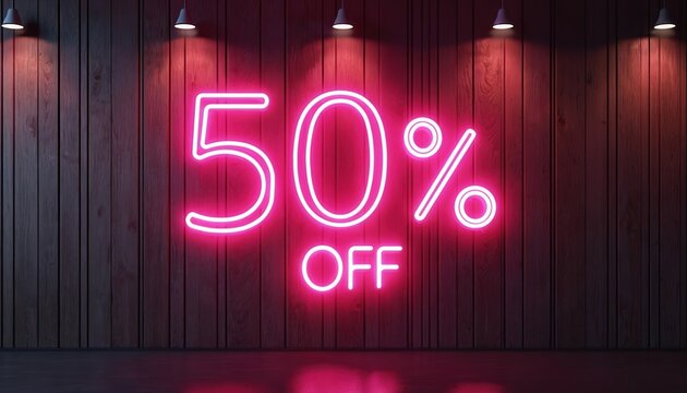 Bright pink neon sign displays 50 OFF on a dark wood planked wall. The glowing advertisement attracts attention to a special price or deal. Suitable for retail promotions and marketing.