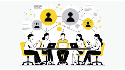 Diverse team of people collaborating and working together in a flat design style